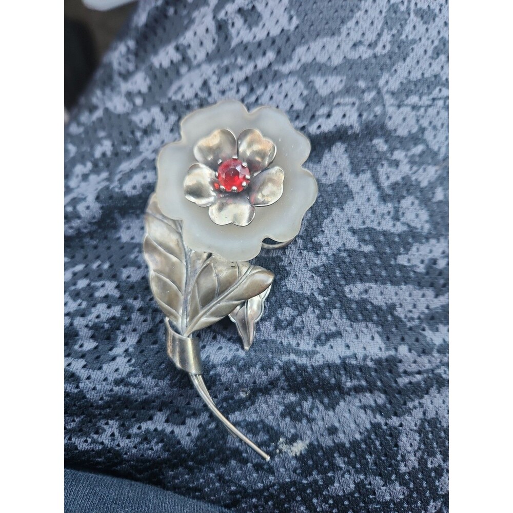 RARE Sterling Silver Carl Art Co. Frosted Glass Figural Flower Brooch